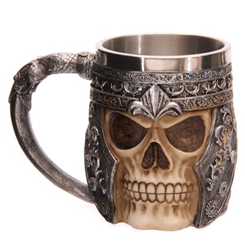 PUCKATOR Skull Warrior Tankard Jarra Calavera Guerrero, Resina, Beige, Gris Y Negro, 1 Unidad (Paquete de 1)