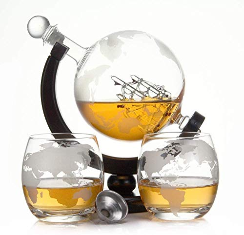 Casavetro - Botella de whisky de 900 ml con cristal soplado y 2 vasos de 350 ml cada uno, decantador, botella de 0,9 litros, botella de cristal, licor, licor, vino, decantador (juego de vasos globos)