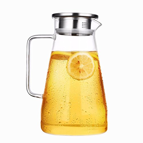 QILEYIN Jarras de Cristal y tapa, Jarras Para Agua 1.5L, Jarra Agua 53oz Jarra de Vidrio para agua fría / caliente, jugo casero, té helado, leche, café y vino para servir