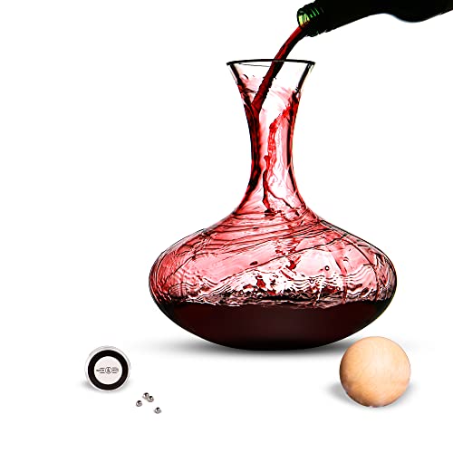 Juego de jarra de vino de 2,5 l, tapón de roble y bolas de limpieza incluidas, jarra roja, blanca y espumosa, jarra de vino aireadora de vidrio | M&W
