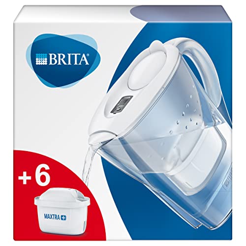 BRITA Marella blanca Pack Ahorro – Jarra de Agua Filtrada con 6 cartuchos MAXTRA+, Filtro que reduce la cal y el cloro, para un sabor óptimo, 2.4L