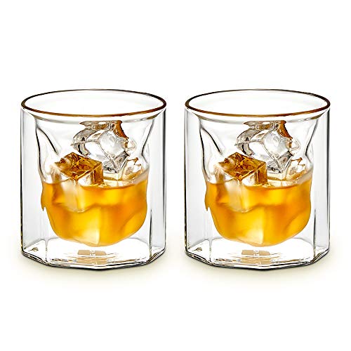 Zens Juego de vasos de whisky de doble pared Old Fashioned vasos de whisky de 2 vasos de whisky Scotch Burbon, 220 ml, soplado a mano, medio, congelado, juego para regalo para el día del padre, abuelo, hombres