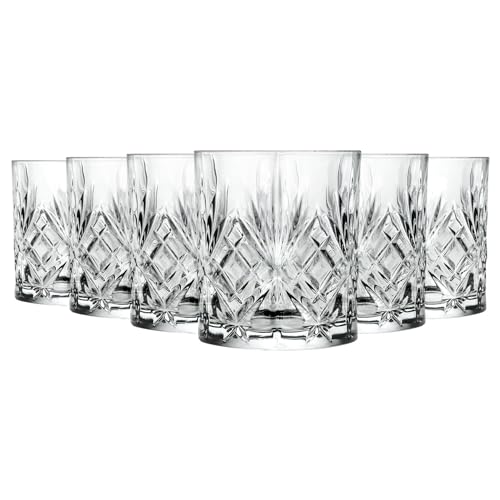 6x 240ml Melodia Vasos de Whisky - Cristal Tallado Whiskey Ron Vodka Ginebra Escocés Anticuado Cóctel Bebiendo Vaso Set de Regalo - Por RCR Crystal