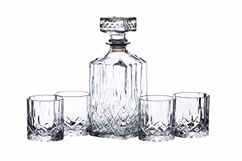 BarCraft Juego de Decantador de Whisky y Vaso de Regalo, Juego de 5 Piezas de Cristal Tallado, Decantador de 900ml con Tapón de Sello de Silicona y 4x Vasos, 26 x 10 x 24cm