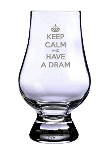 Vaso de degustación de whisky de Glencairn con texto en inglés 'Keep Calm and Have a Dram', fabricado en Escocia
