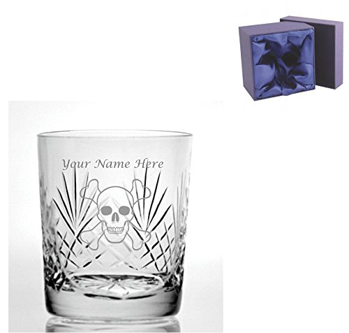 Vaso de whisky de cristal grabado personalizado de 325 ml con diseño de calavera gótica, caja de presentación forrada de seda incluida