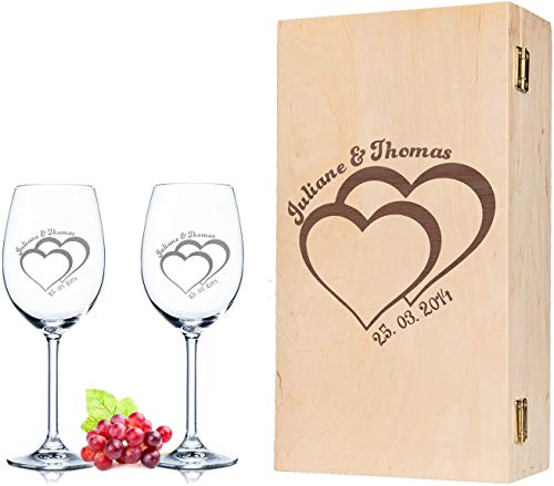 Leonardo - Copas de vino para bodas con grabado y nombre en juego de 2 unidades, incluye caja de madera vintage grabada, bonito regalo para parejas como regalo de boda