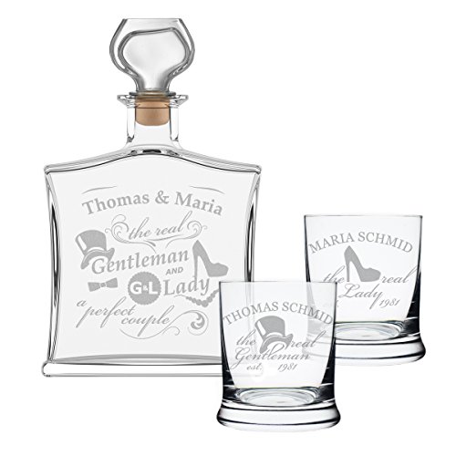 polar-effekt Set de regalo de 3 piezas con botella de whisky y 2 vasos de whisky Leonardo – Elegante jarra de cristal contenido: 700 ml – Personalizado con grabado para boda – Diseño de caballero y mujer