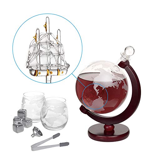 Nandae Decantador Globe Whisky con 2 Vasos World Globe Grabados y 4 Piedras de Whisky, Embudo fácil de Verter y Pinzas para Hielo, decantador de Vino Antiguo para veleros, Capacidad de 1500 ml