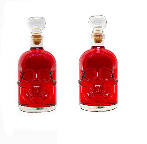 2 x Botella de Vidrio Vacía con Corcho 2 Unidades 500 ml para Rellenar con Licor Whisky Aceite Vinagre 0,5 L Forma de Calavera Alto 20 cm Ancho 8 cm SLK GMBH