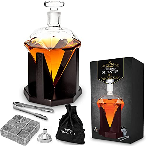 mikamax - Decantador de diamante - Juego de decantador de whisky - Jarra de diamante - 850 ml - Incluye soporte decantador - Juego de whisky - Juego de decantador - Set de regalo