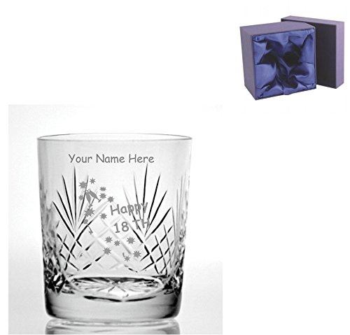 Personalizado grabado corte cristal 260 ml vaso de Whisky con Happy 18th cumpleaños diseño de teclas – incluye caja de presentación con forro de seda