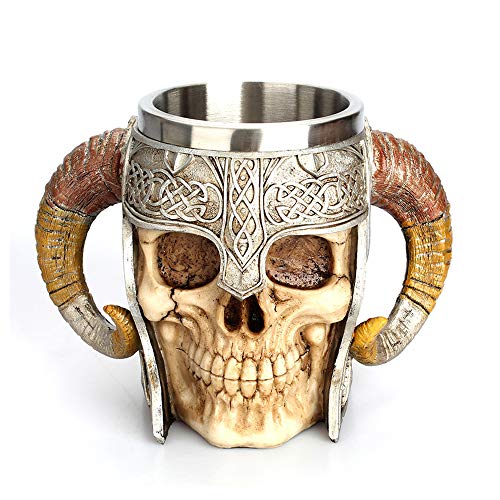 NUTRIUPS Taza de Cerveza de Calavera de Cuerno de Acero Inoxidable con Doble Asa, Jarra Medieval para Vasos Cráneo Taza Jarra para Whisky, Cerveza, Café, Jugo (550ml-17oz.)