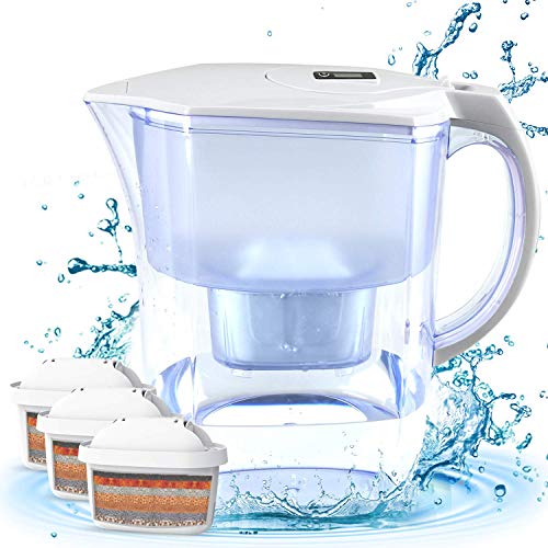 BU-KO Jarra de Agua alcalina DE 3,5 litros, Ionizador de Agua Pura y Saludable, 3 Cartuchos de Filtro incluidos, PH Test Strip BPA (Blanco)