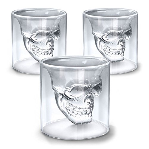 Shop Story - Juego de 3 vasos con forma de calavera, vasos de chupito para licores, whisky, vodka, etc.