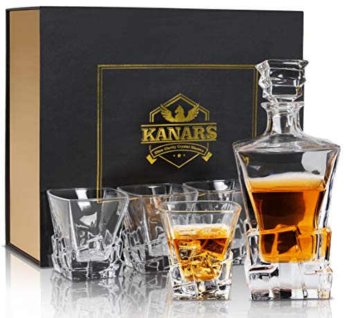 KANARS Vasos y Jarra de Whisky, 800 ml Decantador con 4× 300 ml Copas para Scotch, Martini, Coñac, Bourbon, Exquisita Caja de Regalo, 5 Piezas