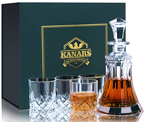 KANARS Jarra y Vasos de Whisky Cristal, 550 ml Decantador con 4× 300 ml Copas de Whiskey para Coñac, Martini, Whisky, Scotch, bourbon, Cóctel, Caja de Regalo con Estilo Única, Juego de 5 Piezas