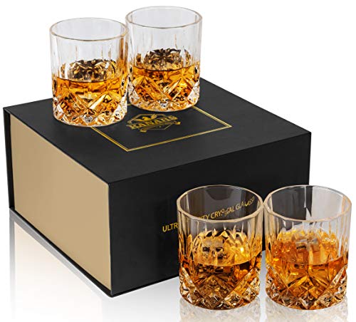 KANARS Juego de 4 Vasos de Whisky, Copas de Whiskey Robusto Cristalino Sin Plomo para Escocés, Borbón y Más, 300 ml, Caja de Regalo de Lujo