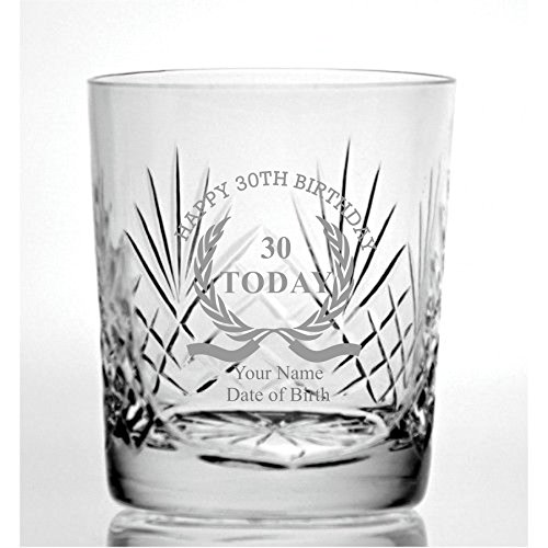 Personalizado grabado corte ml cristal vaso de Whisky con diseño de happy 30th cumpleaños corona