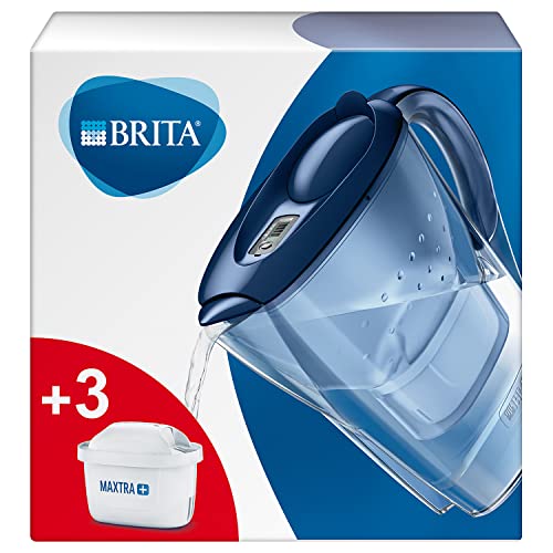 BRITA Marella Jarra de agua filtrada con 3 cartuchos MAXTRAmás para un óptimo sabor, Filtro de agua que reduce la cal y el cloro, Azul, 2.4 Litros