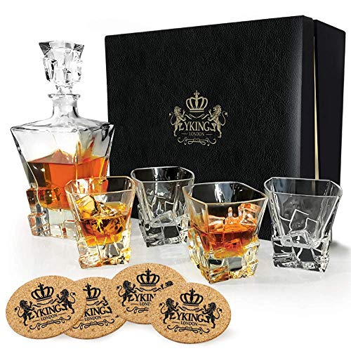 Decanter Set 9 Piezas en Caja de Regalo Premium de YKing London - Ron Whisky Bourbon Scotch Tequila Vodka Set Decantador - Jarra de Whisky y Set de Cristal