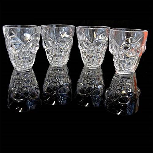 SHATCHI Juego de 4 vasos de chupito transparentes de Halloween con forma de calavera 3D espeluznante, accesorios para bebidas, 4 unidades (paquete de 1), 55 mililitros